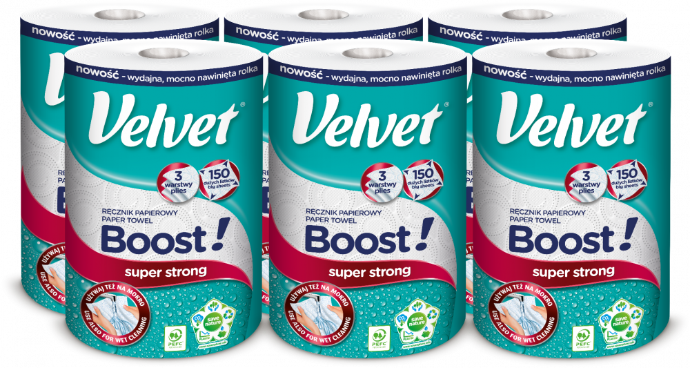 6x Ręcznik papierowy Velvet Boost, 3-warstwowy, w roli, 1 rolka, biały