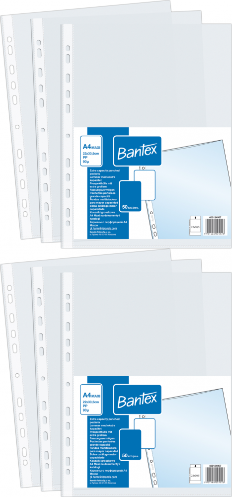 2x Koszulki groszkowe Bantex, poszerzane, A4+, 90μm, 50 sztuk, transparentny