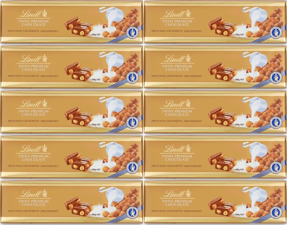 10x Czekolada Lindt Swiss Premium, mleczna z orzechami laskowymi, 300g