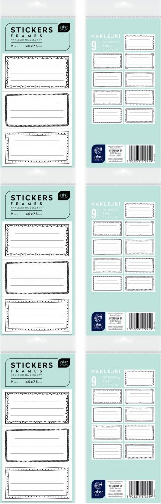 3x Naklejki na zeszyty Interdruk Ramki, 40x75mm, 9 sztuk, biało-czarny