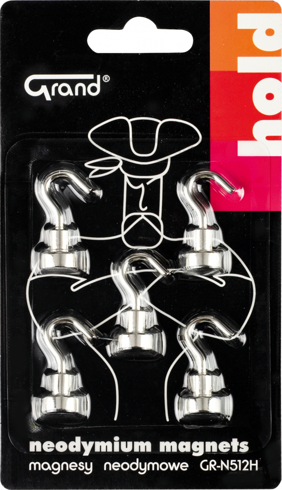 Magnesy neodymowe Grand GR-N512H, z haczykiem, 12mm, 5 sztuk, srebrny