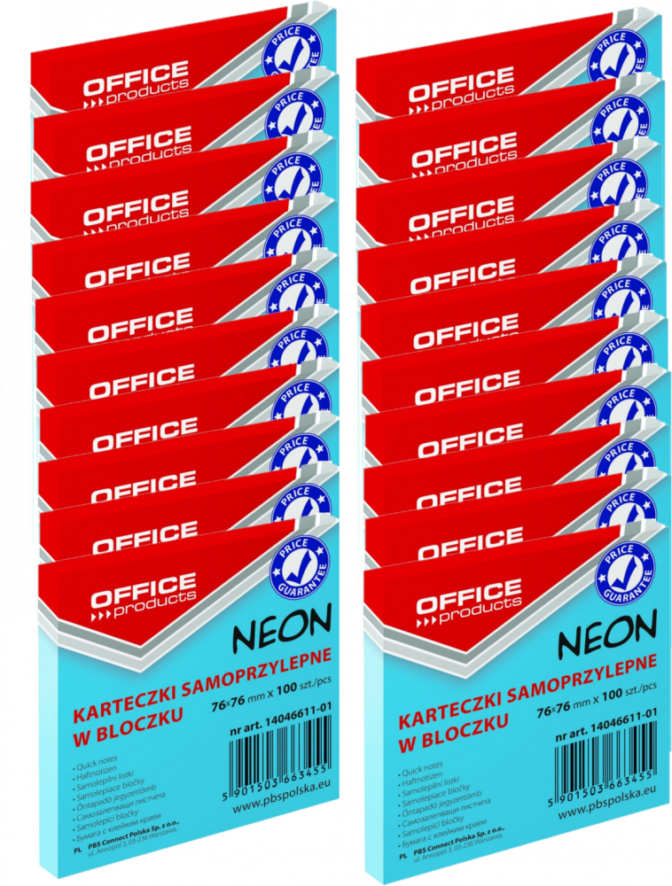 20x karteczki samoprzylepne Office Products, 76x76mm, 100 karteczek, neonowy niebieski