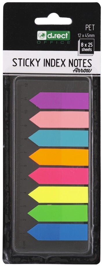 Zakładki samoprzylepne D.Rect, proste/strzałki, indeksujące, folia, 12x45mm, 8x25 sztuk, mix kolorów neonowych