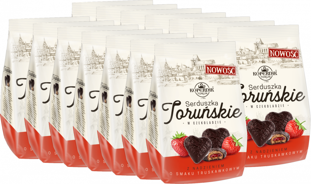 14x Pierniki Kopernik Serduszka Toruńskie, truskawkowy, w czekoladzie, 150g