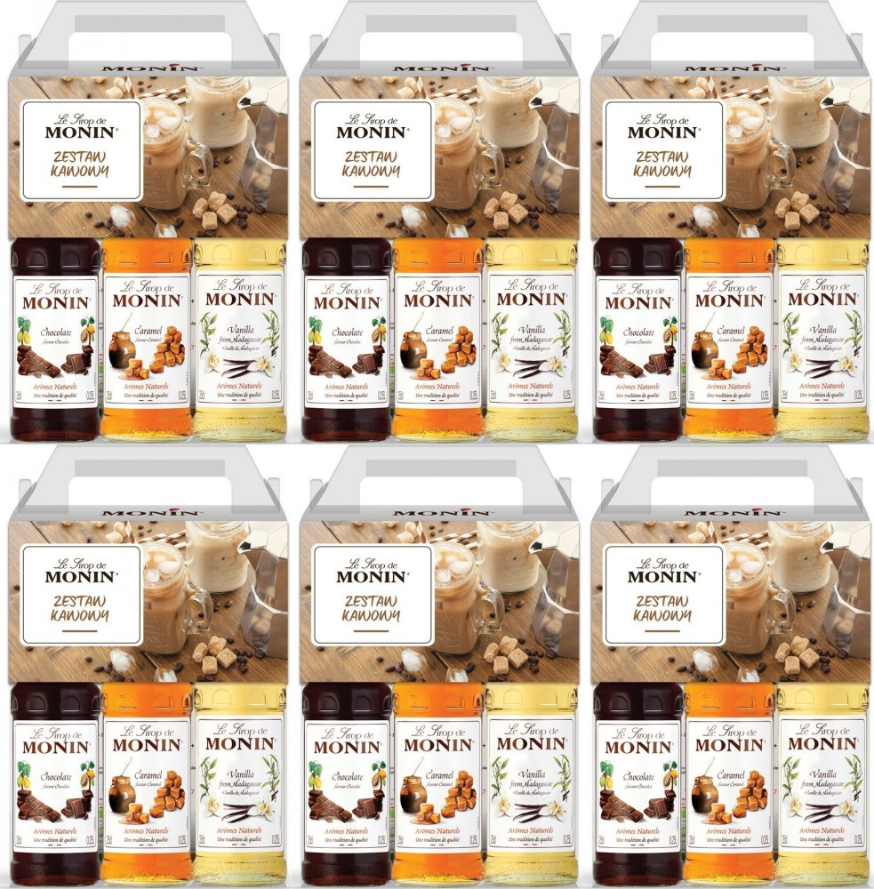 6x Zestaw syropów Monin Coffee Maxi Set, wanilia/czekolada/karmel, 3x250ml