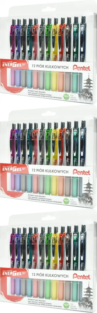 3x Pióro kulkowe automatyczne Pentel EnerGel Set BL77 Błękitne Ukojenie, 0.7mm, 12 sztuk, mix kolorów