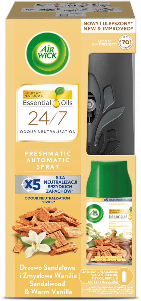 Odświeżacz automatyczny Air Wick Freshmatic, wkład + urządzenie, Drzewo Sandałowe i Wanilia, 250ml