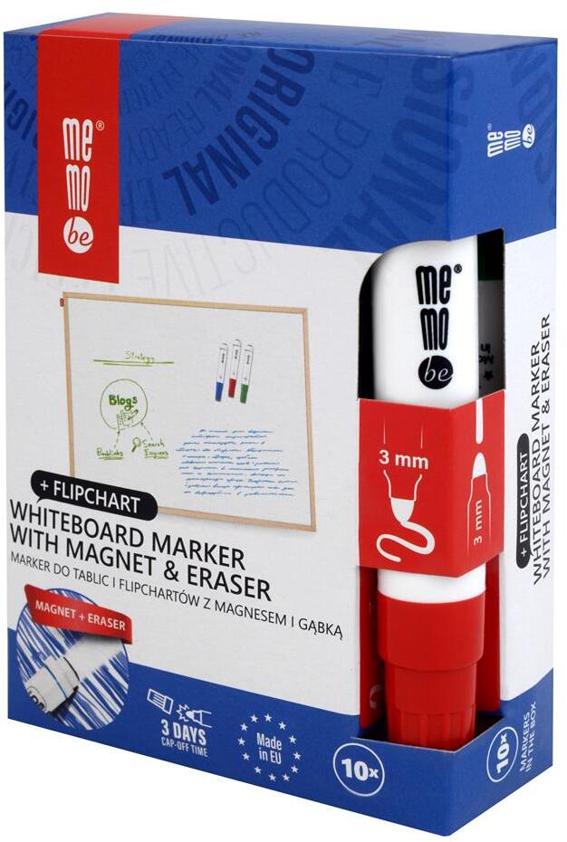 10x Marker suchościeralny/do flipchartów MemoBe MM351, z magnesem i gąbką, okrągła, 1-3mm, czerwony