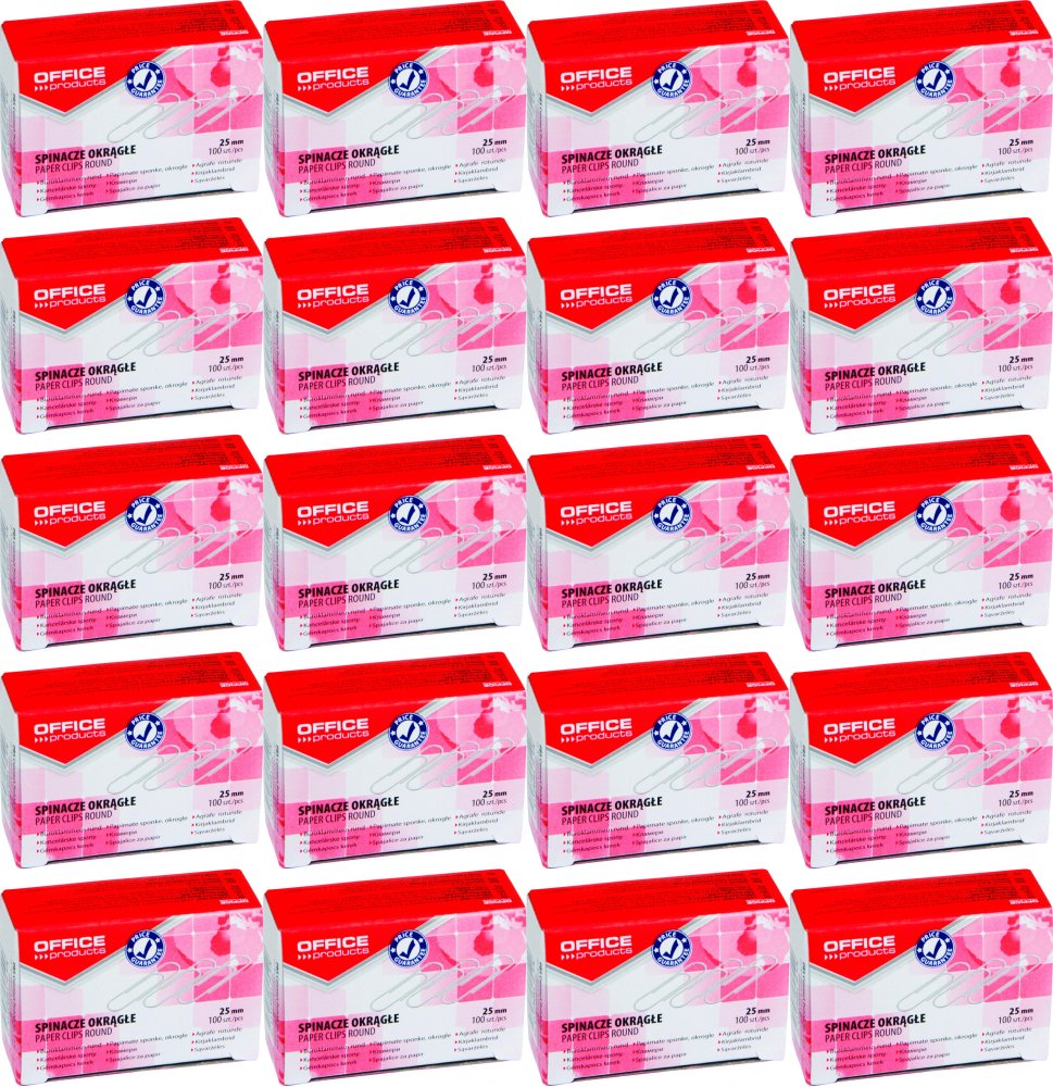 20x Spinacz Office Products okrągły, 25mm, 100 sztuk, srebrny