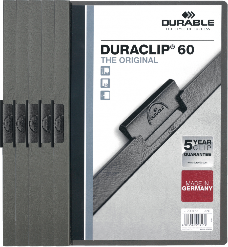 5x Skoroszyt plastikowy z klipsem Durable DuraClip, A4, do 60 kartek grafitowy
