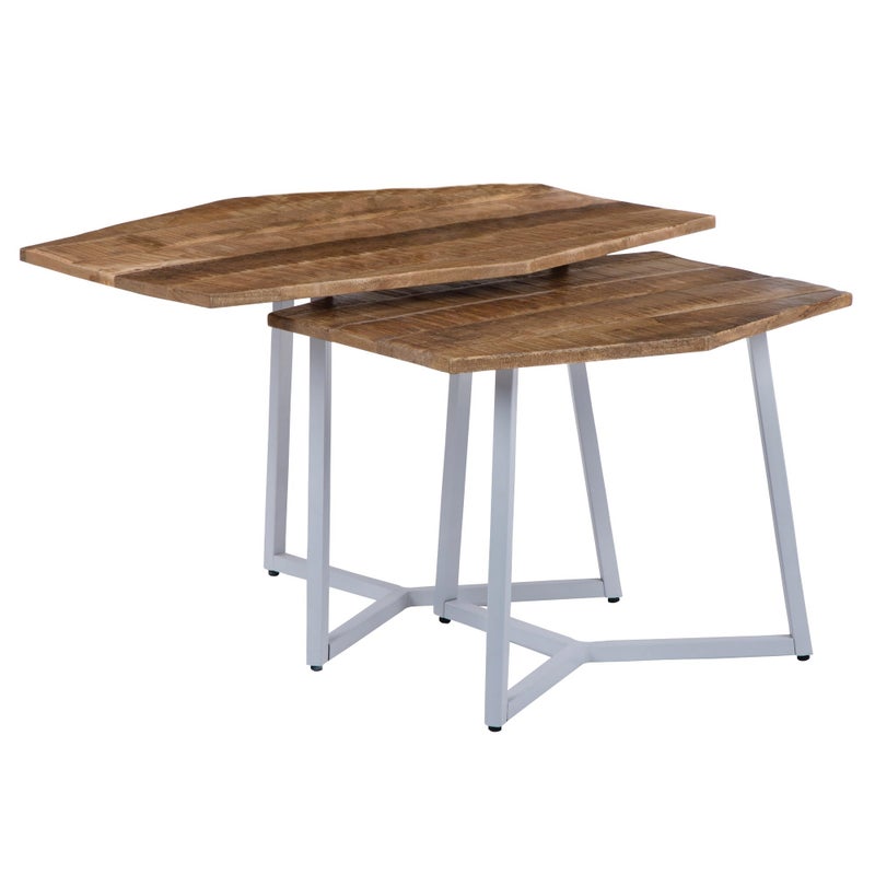 WOMO-DESIGN Stolik boczny Arizona z litego drewna w zestawie 2 73x56 cm / 56x48 cm, naturalny bialy, unikalny, recznie robiony, drewno mango/metal,