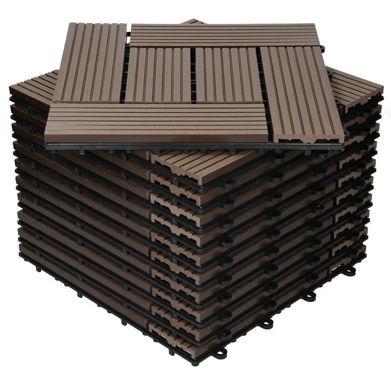ECD Germany WPC Plytki tarasowe 30x30cm 11er Spar Set für 1m² Dark Brown Mosaic Wood Look for Garden Balcony Flooring with Drainage Click System