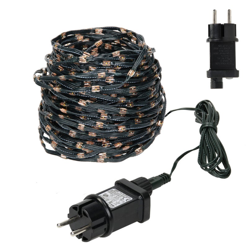 ECD Germany LED lancuszek swietlny z mikroklastrami 24m 800 diod LED bardzo ciepla biel, 8 funkcji, zasilanie elektryczne, wodoodpornosc IP44 wewnatrz