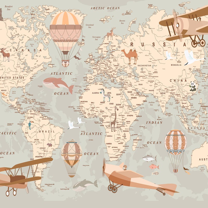 Fototapeta Dla Dzieci Mapa Świata Beżowy 100x75 cm Tapeta Do Pokoju Dziecięcego Na Flizelinie