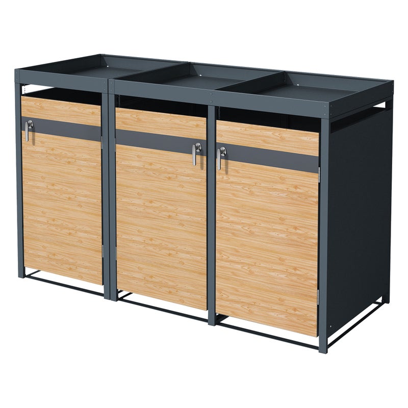 ML-Design pojemnik na śmieci z daszkiem na 3 kosz 240 L 200x80x124 cm stalowy modrzewiowy z drzwiczkami zamykany odporny na warunki atmosferyczne