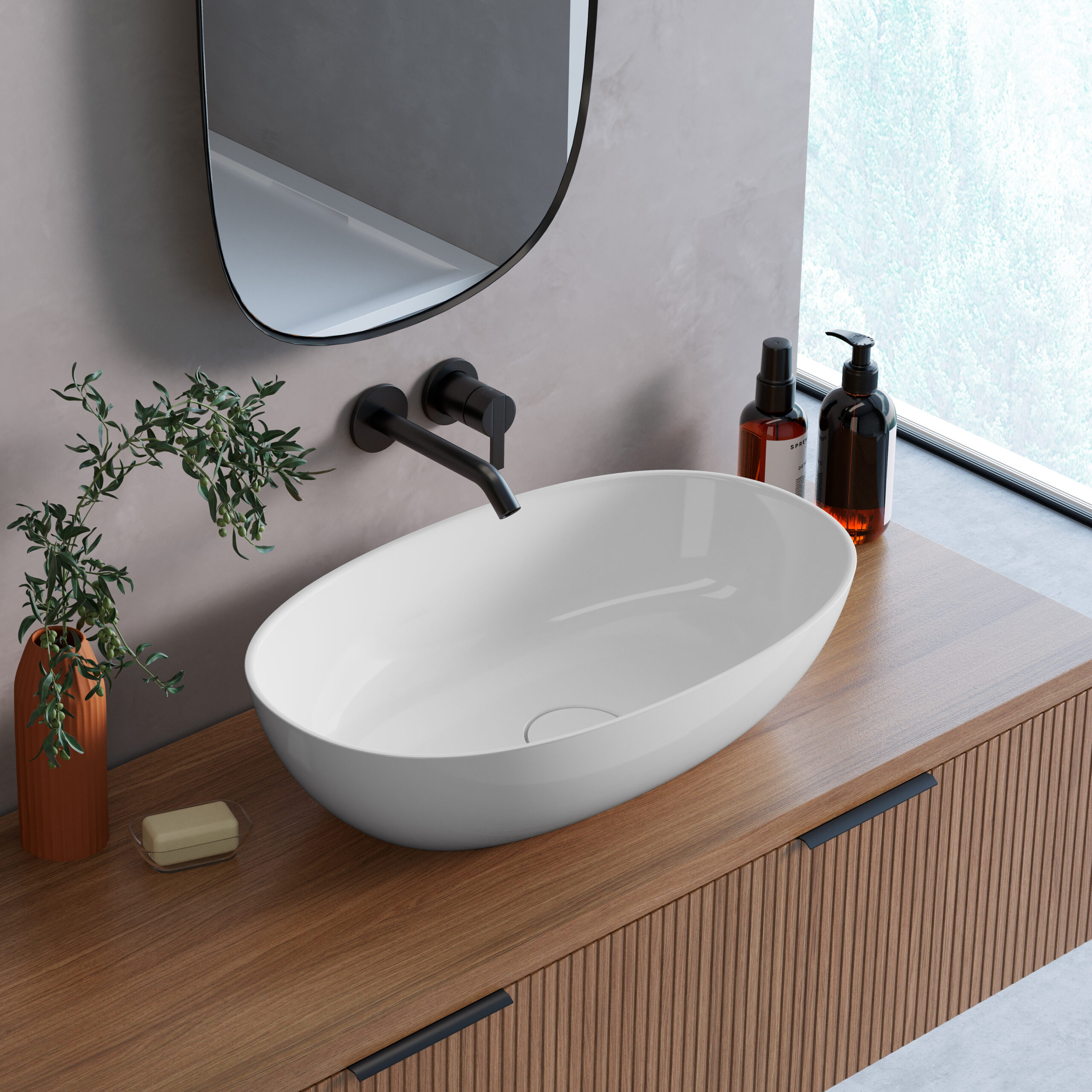 Lavaberg Skinn umywalka 60x36 cm owalna nablatowa biały połysk 663130061003