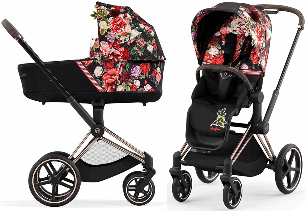 Cybex Priam 4.0 Fashion Collection - wózek głęboko-spacerowy -Spring Blossom Dark-Chrome z czarną rączką