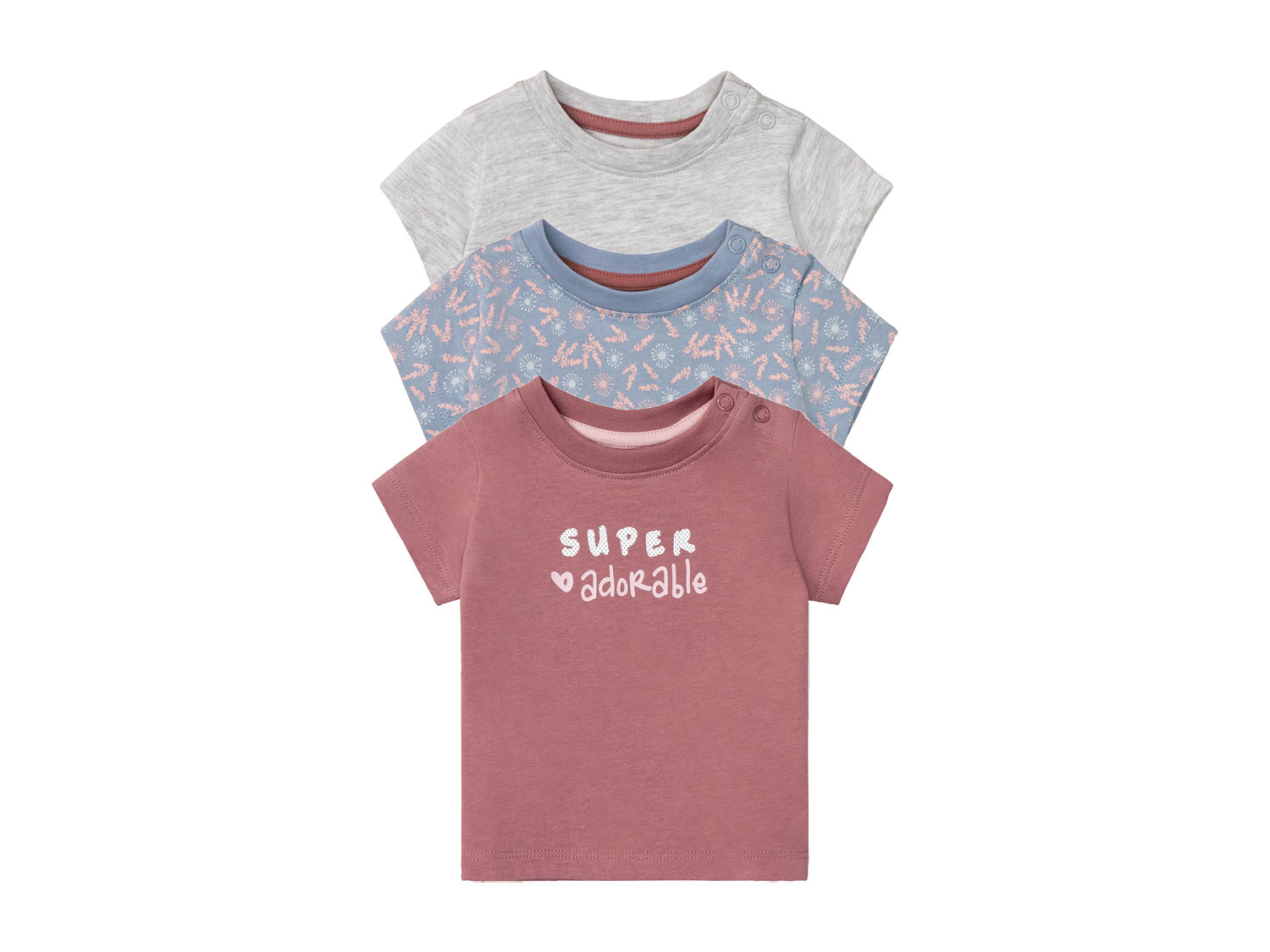 lupilu T-shirt niemowlęcy z biobawełny, 3 sztuki 62/68, Różowy/ niebieski/ szary