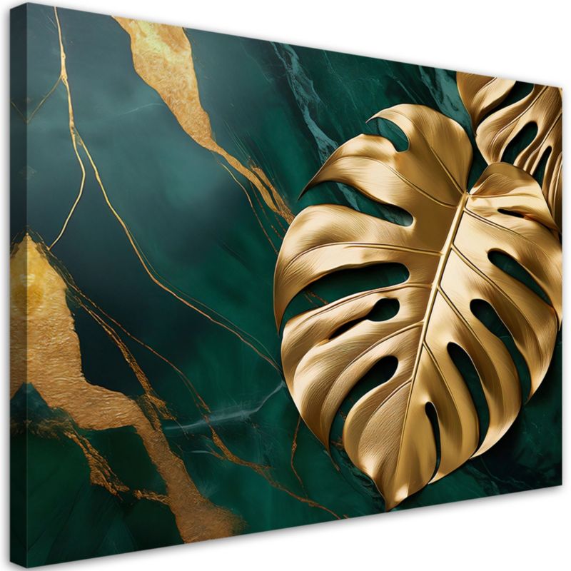 Obraz do salonu sypialni Feeby Złoty Liść Monstery Zielony Marmur 120x80 cm 1szt