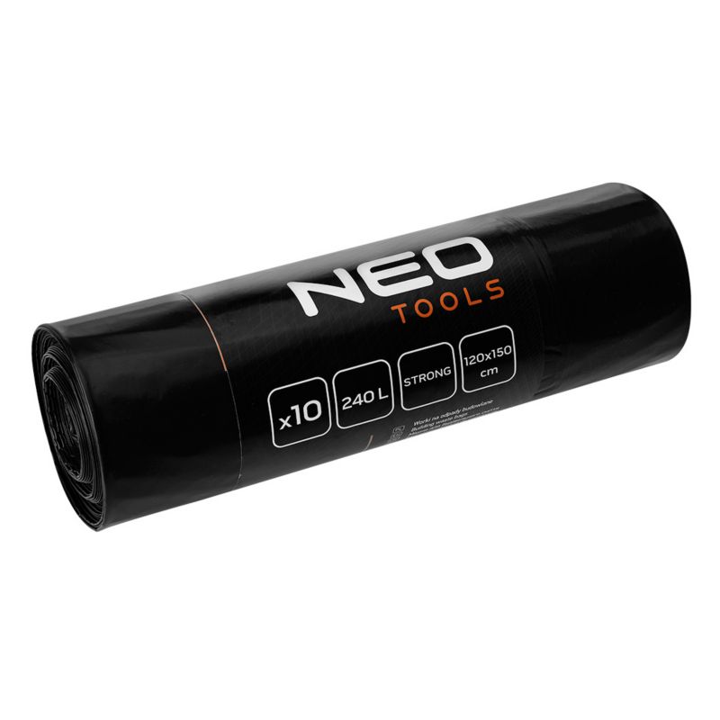 Worki budowlane NEO TOOLS 240 L, czarne, 10 sztuk, 60 mic, 1 kpl