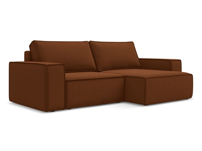 Narożnik prawostronny z funkcją spania Makamii Kimo z tkaniny welwetowej 257x148 cm terakota 1 szt.