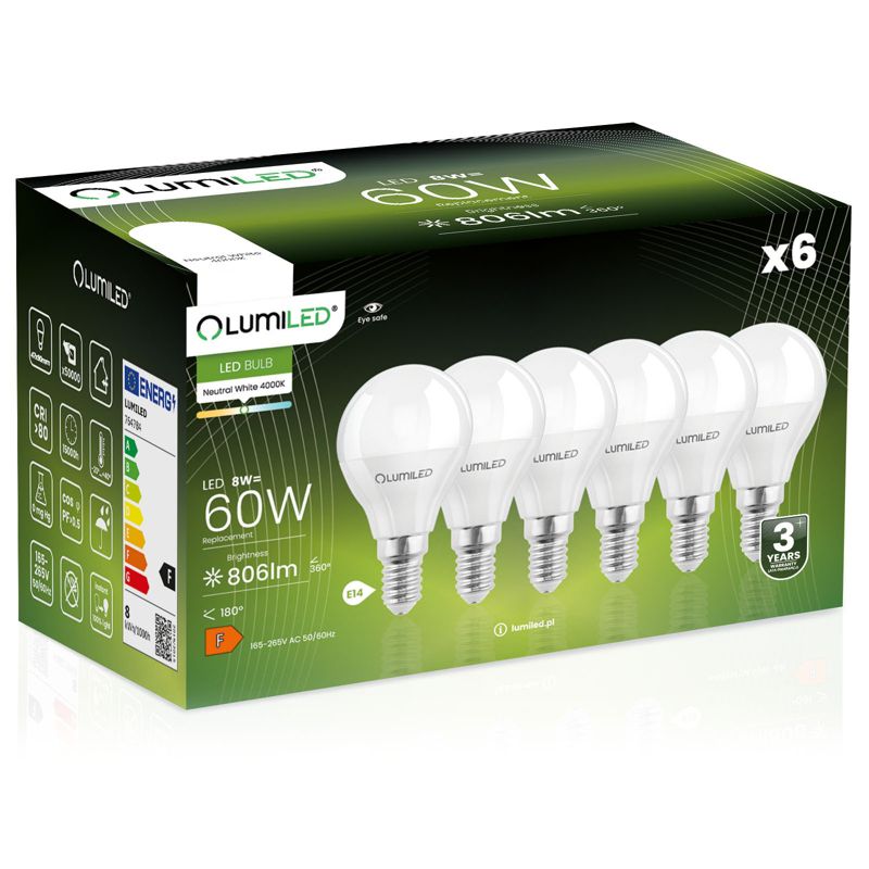Żarówka LED LUMILED E14 P45 8W 806lm 4000K 180st 6 szt.