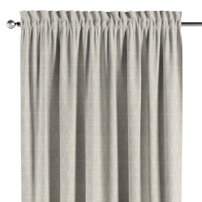 Zasłona na kanale z grzywką 1 szt. 130 x 245 cm Dekoria trójkąty na beżowo-lnianym tle 1 szt.