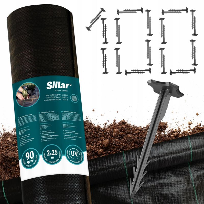 Agrotkanina, Sillar, antychwastowa, 90g/m2, 2x25m + Kotwy gruntowe, 100szt, 12cm, zestaw, 2szt