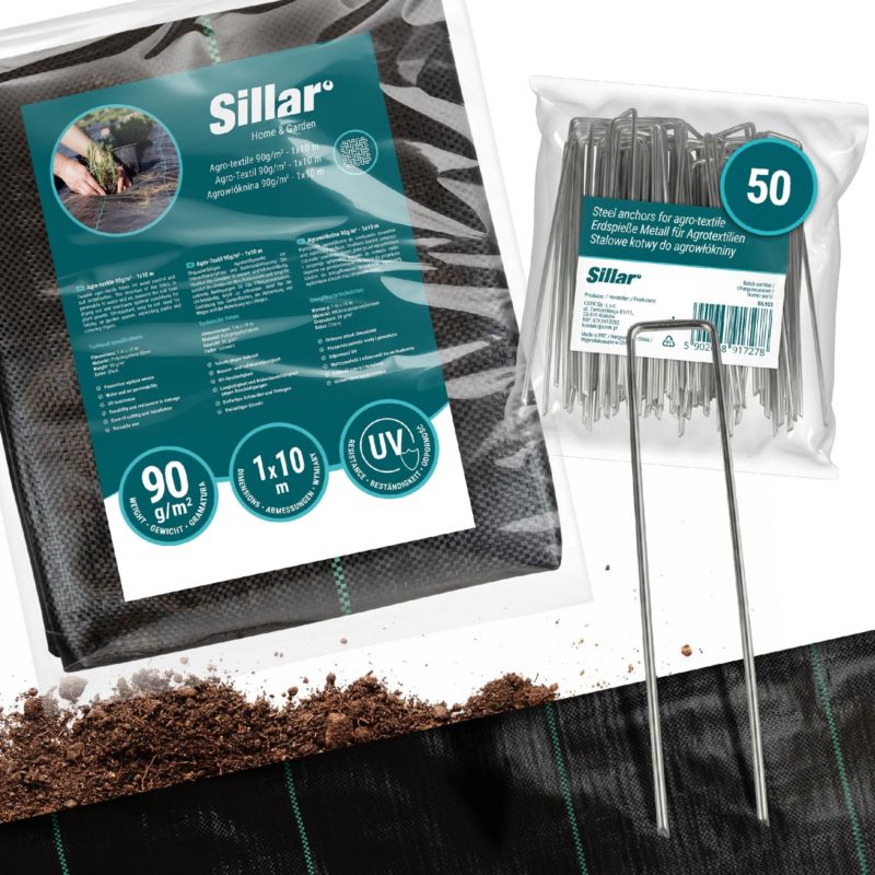Agrotkanina, Sillar, antychwastowa, 90g/m2, 1x 10m + Kotwy gruntowe, stalowe, 15cm, 50szt, zestaw 2szt