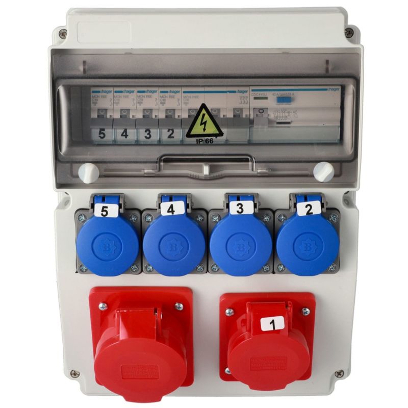 Rozdzielnica Edo erbetka wyposażona ASTAT 119 Plus IP65 32A/5P, 16A/5P, 4x230V schuko IP44 IK08 wyłączniki Hager 1 szt.
