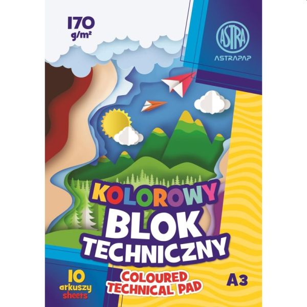 Astrapap Blok techniczny A3 kolorowe kartki, barwiony w masie 170g