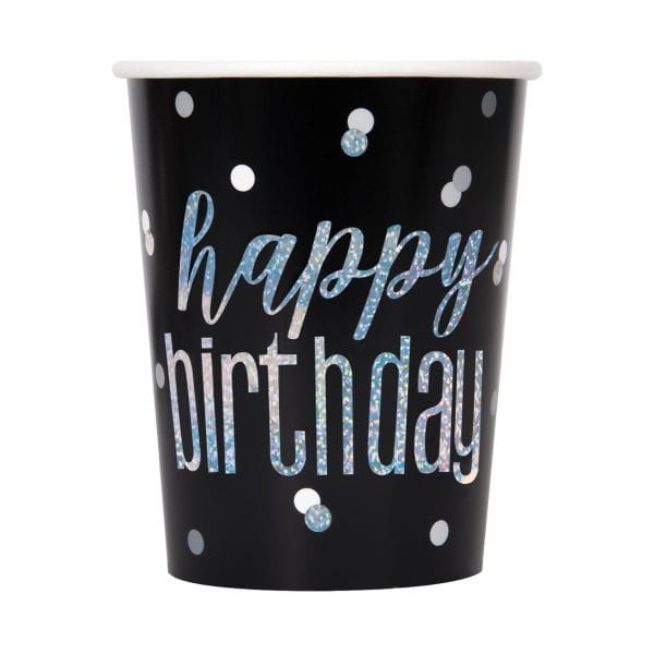 Kubeczki papierowe Glitz Happy Birthday, 266 ml, czarne, 8 szt.