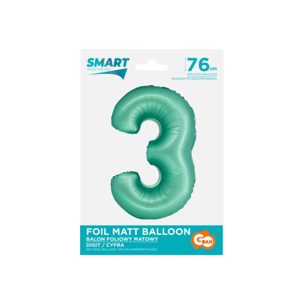 Balon foliowy Smart, Cyfra 3, miętowa matowa, 76 cm