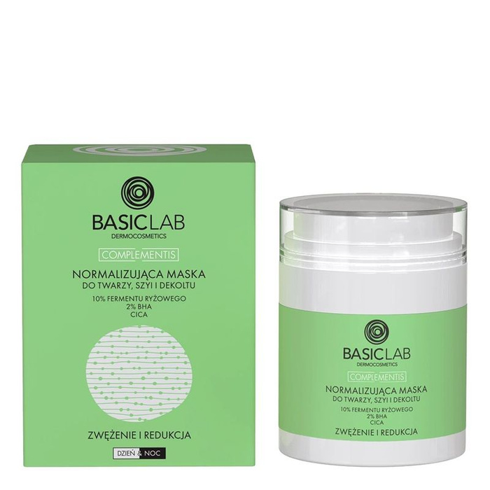 BasicLab Normalizująca maska do twarzy, szyi i dekoltu, 10% Fermentu ryżowego, 2% BHA, CICA, Zwężenie i redukcja, 50 ml