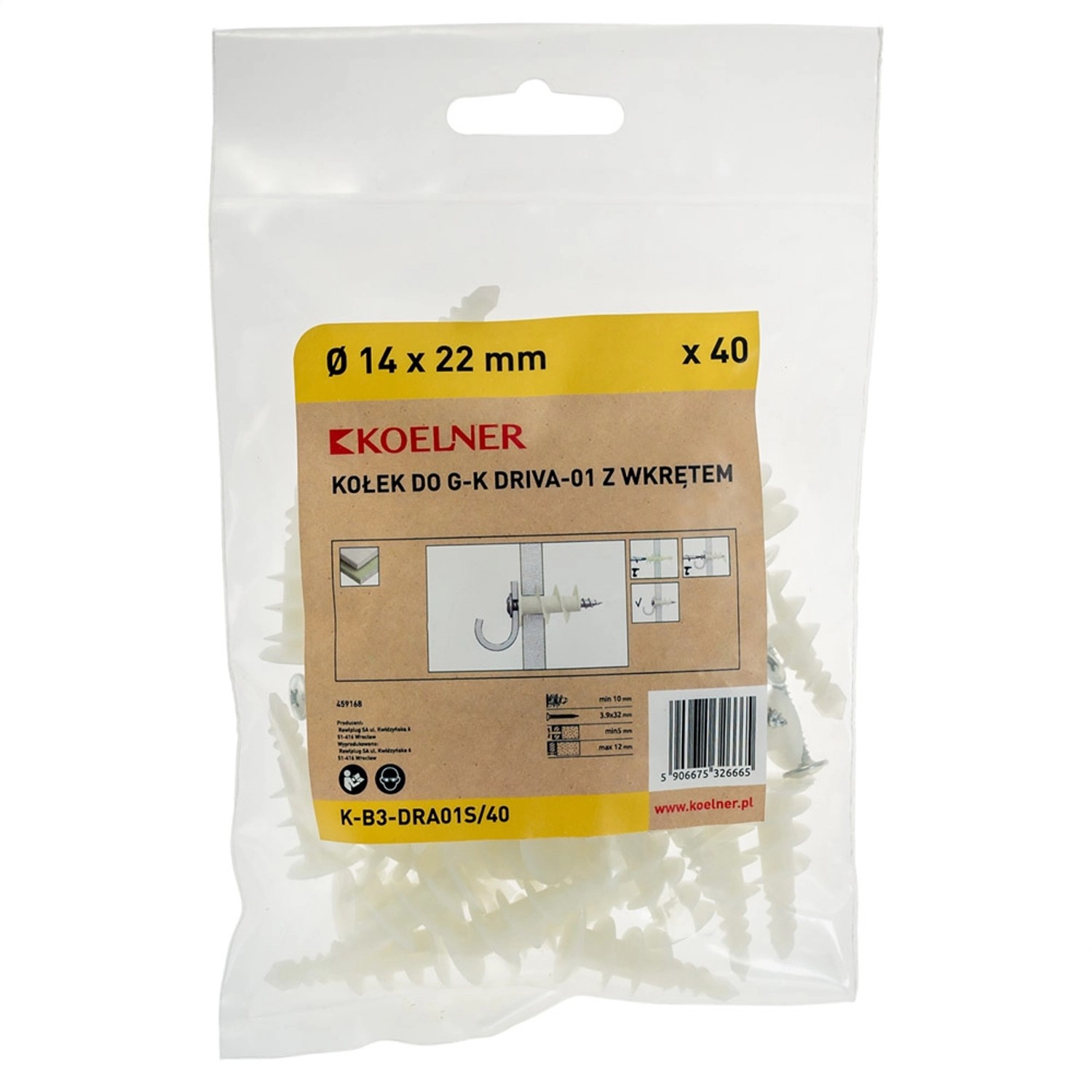 Koelner Kołek driva nylon 3,9x32mm wkręt PH 40szt.