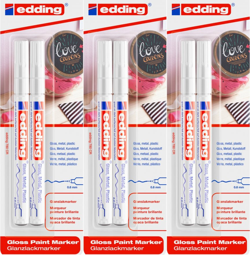 3x Marker olejowy połyskujący edding 780, okrągła, 0.8mm, 2 sztuki, biały