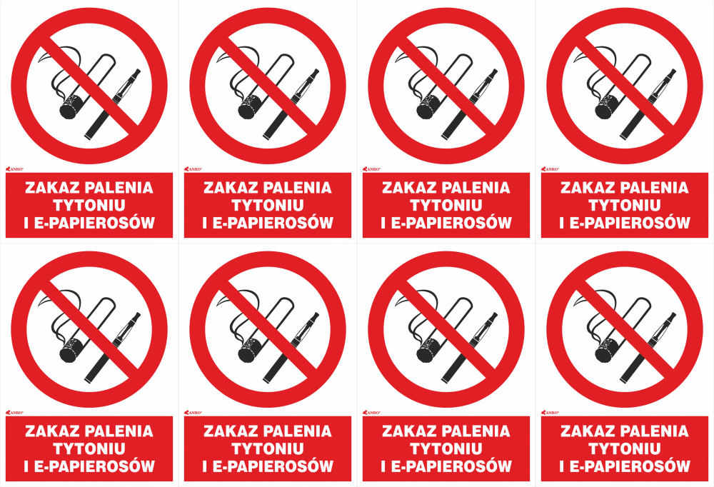 8x Tabliczka informacyjna Anro, "Zakaz palenia tytoniu i e-papierosów" , PCV, 200x300mm
