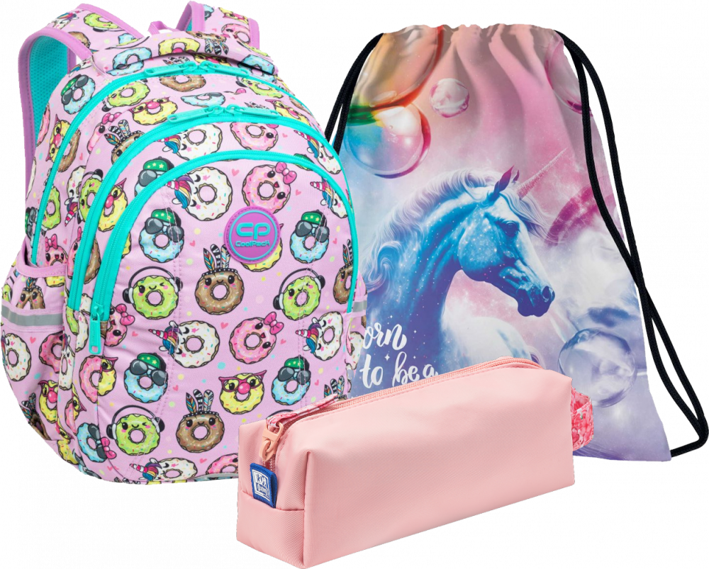 Zestaw: Plecak szkolny CoolPack Joy S Happy Donuts + Piórnik saszetka Oxford Flowers + Worek na buty Derform Jednorożec