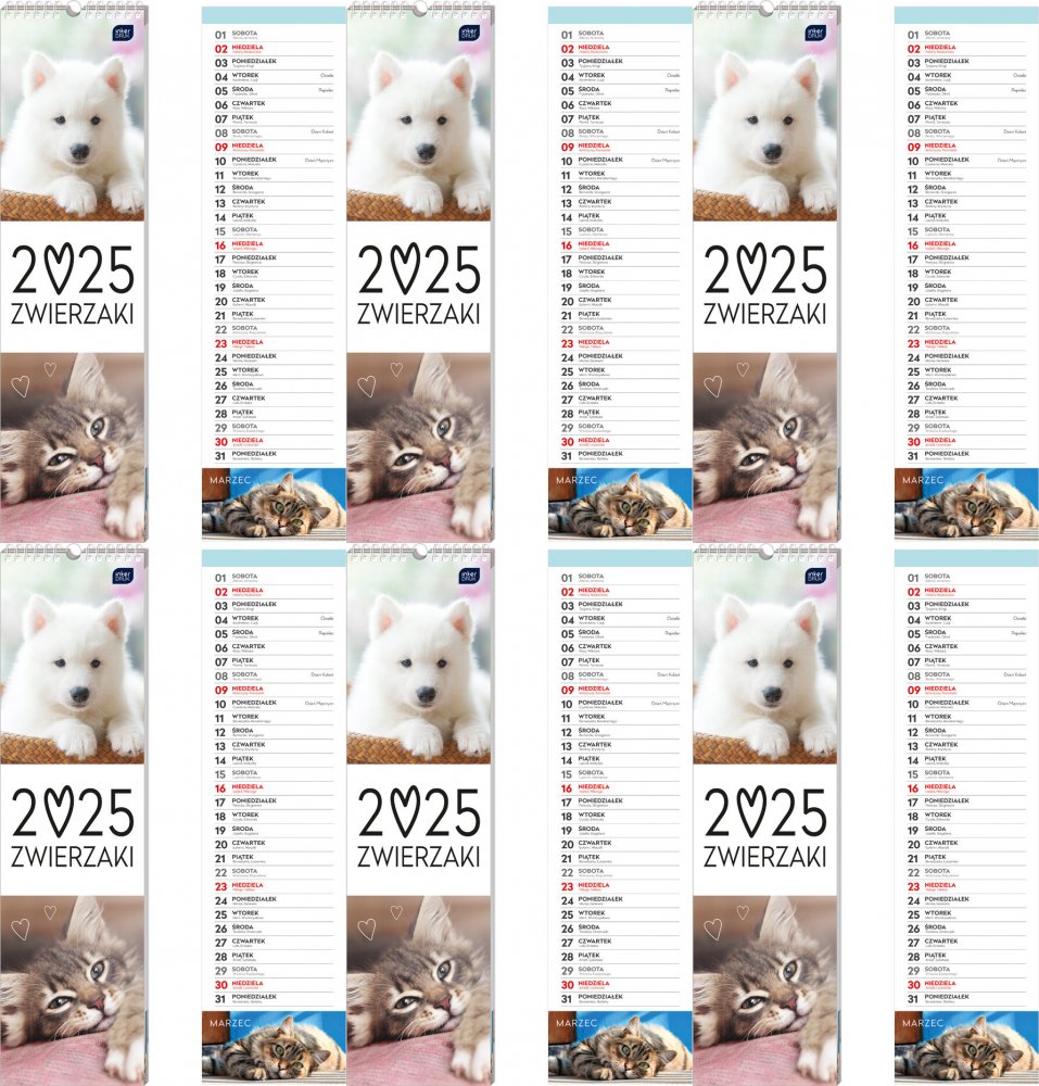 6x Kalendarz ścienny 2025, Interdruk, paskowy, 135x500mm, zwierzaki
