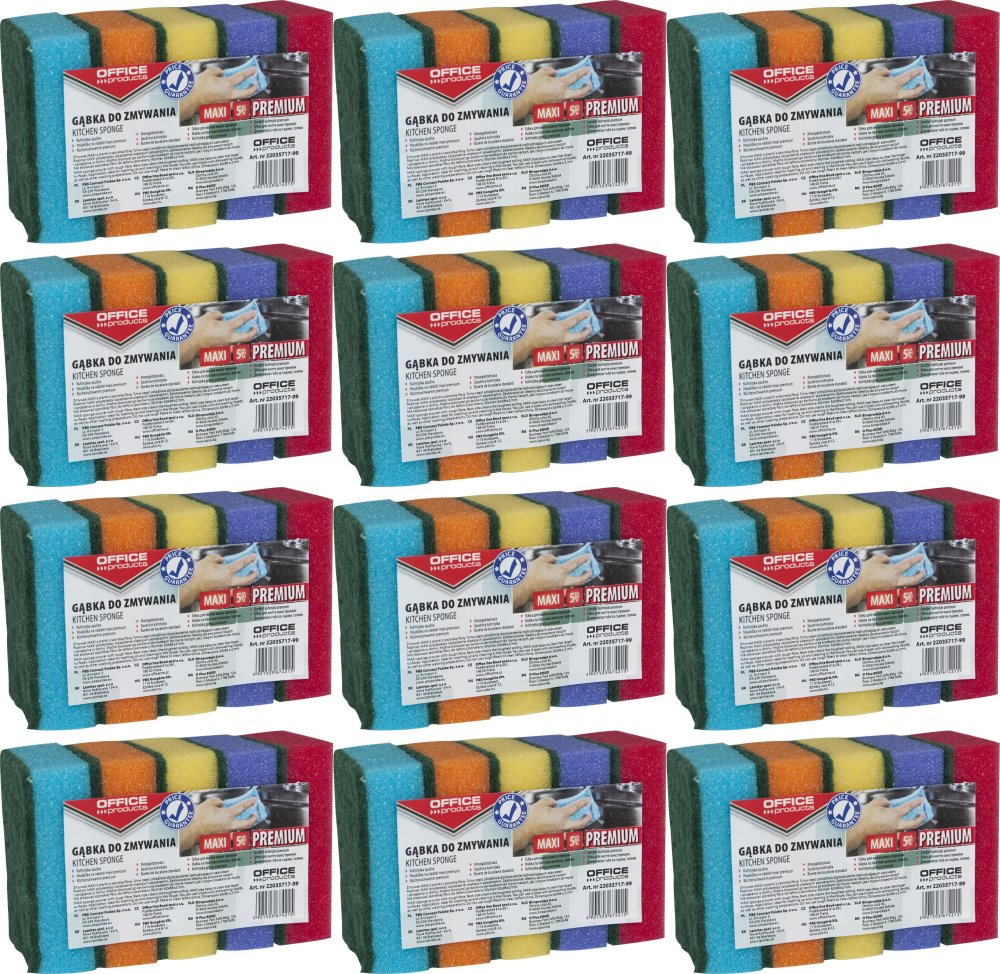 12x Gąbka kuchenna Office Products Maxi Premium, 6.2x9.6cm, 5 sztuk, mix kolorów