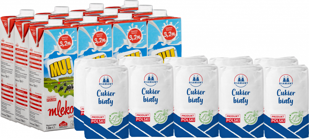 Zestaw: 12x Mleko UHT Wart-Milk MU!, 3.2%, 1l + 10x Cukier biały Diamant, sypki, 1kg