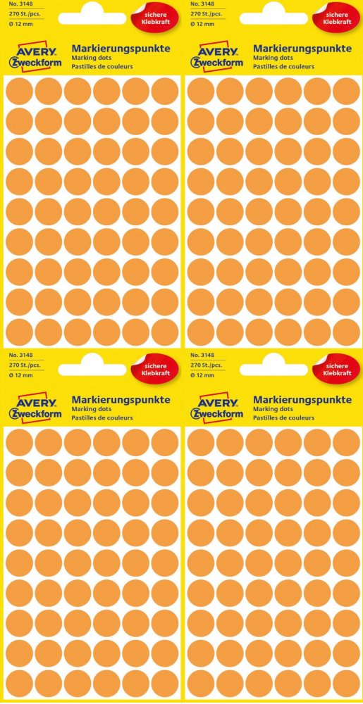 4x Etykiety Avery Zweckform, okrągłe, średnica 12mm, 270 sztuk, pomarańczowy neonowy