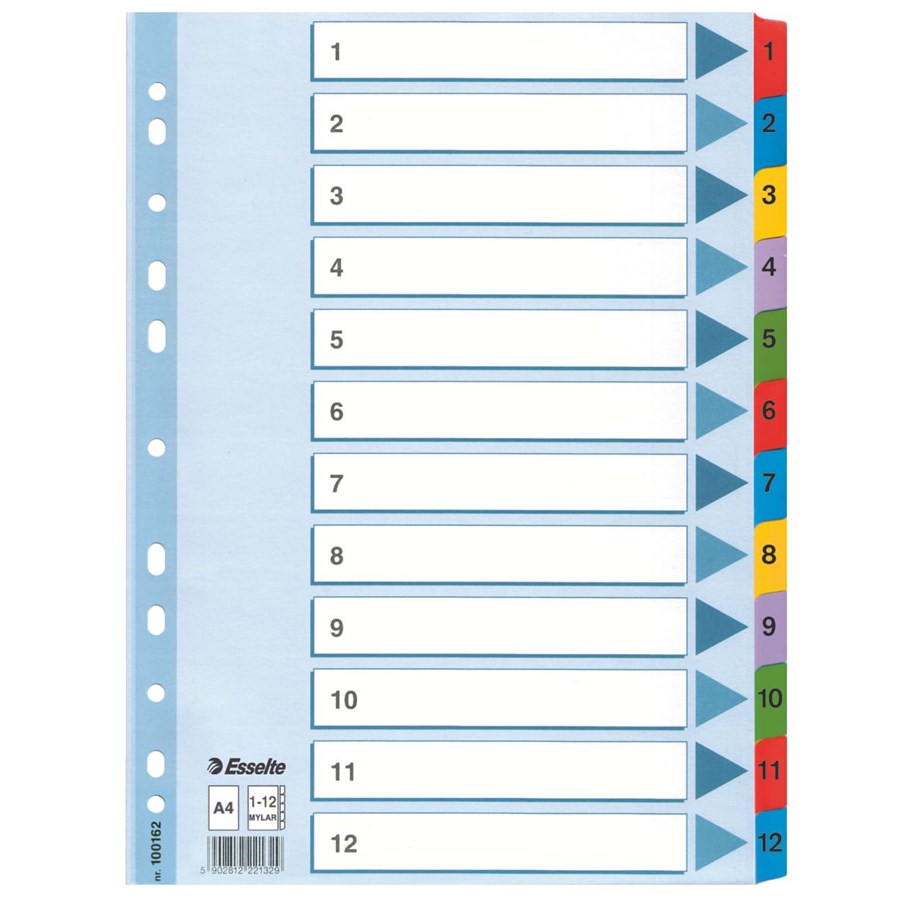 Przekładki do segregatora Esselte Mylar, kartonowe, numeryczne, A4, 1-12 kart, mix kolorów