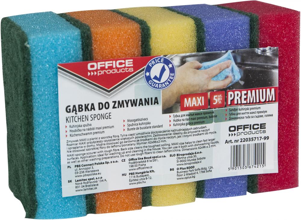 Gąbka kuchenna Office Products Maxi Premium, 6.2x9.6cm, 5 sztuk, mix kolorów