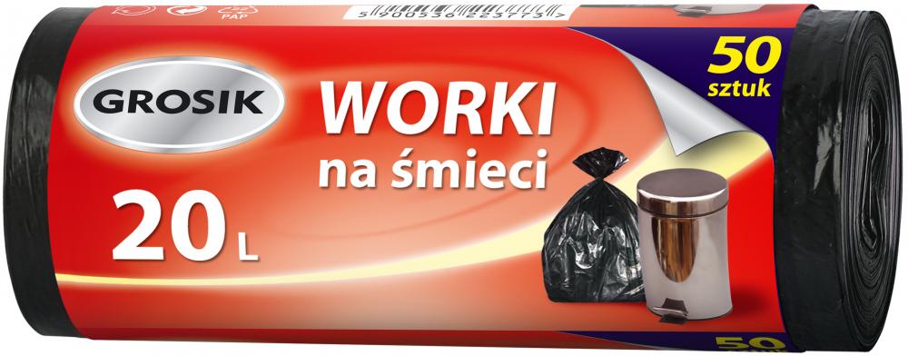 Worki na śmieci Grosik, na odpady zmieszane, 20l, 50 sztuk, czarny