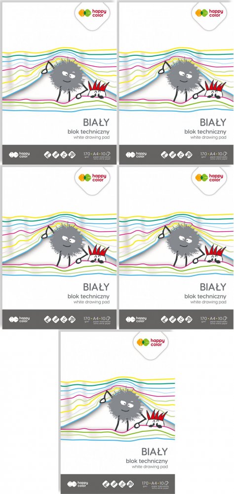 5x Blok techniczny Happy Color, A4, 10 kartek, biały