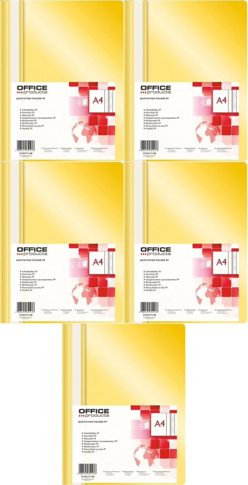 5x Skoroszyt plastikowy bez oczek Office Products, A4, do 200 kartek, żółty