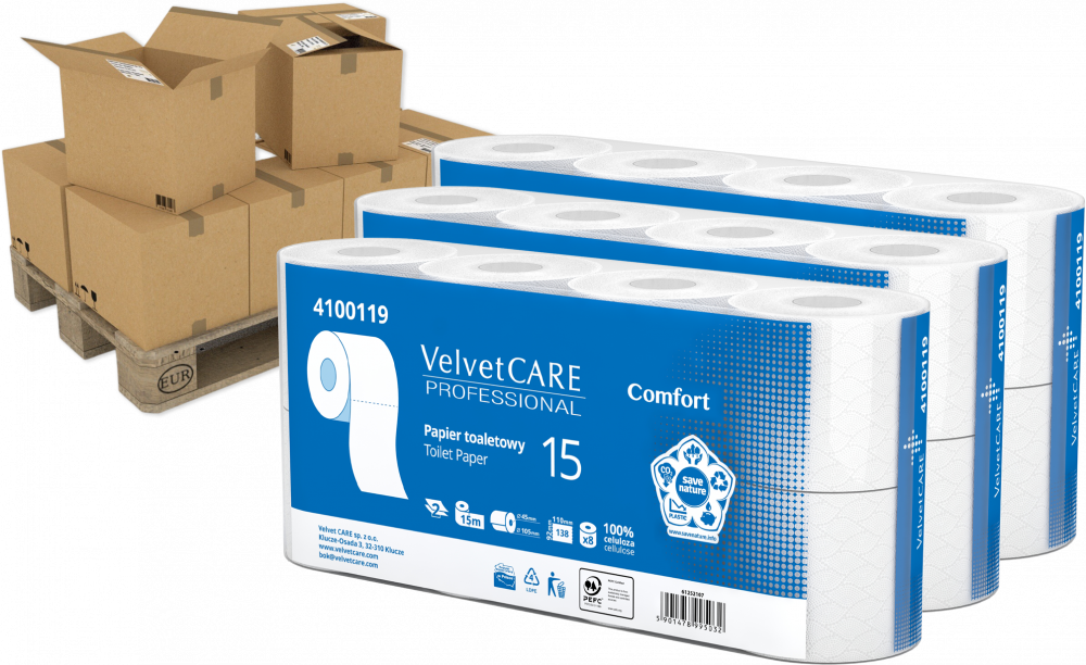 240x Papier toaletowy VelvetCARE Professional, 2-warstwowy, 15m, 8 rolek, biały