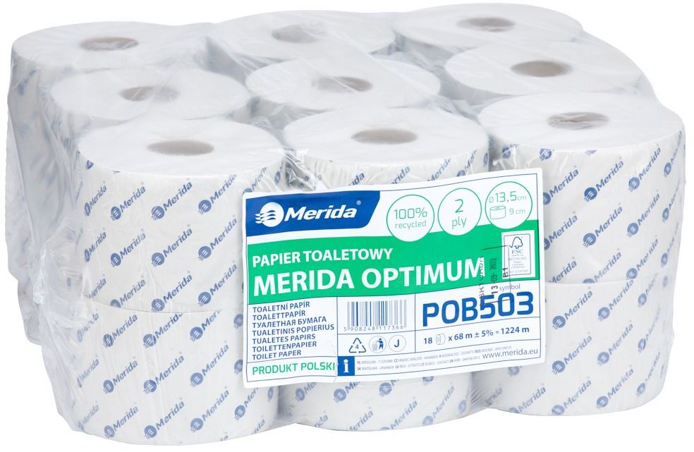Papier toaletowy Merida Optimum, 2-warstwowy, 18 rolek, 9cmx68m, biały