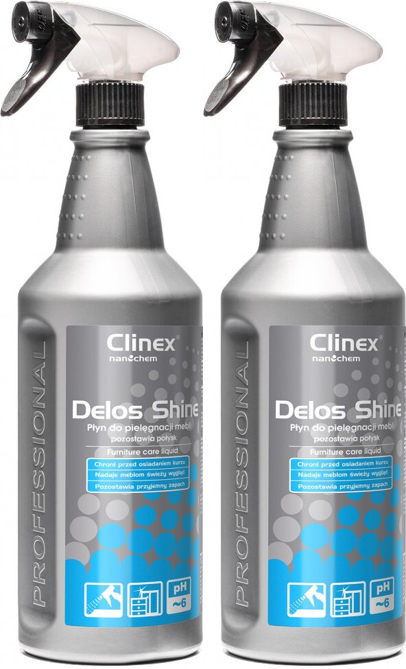 2x Płyn do pielęgnacji mebli Clinex Delos Shine, z rozpylaczem, 1l